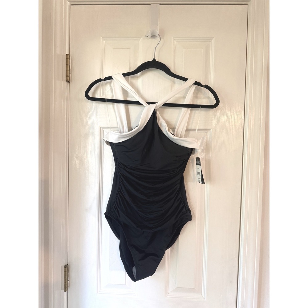 Lauren Ralph Lauren Black White Ruched One Piece Swimsuit Halter 8 NEW 20110008